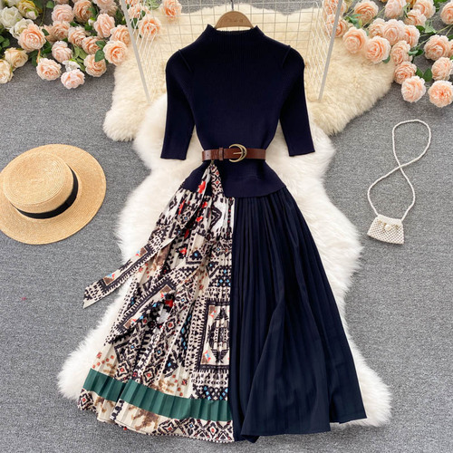 Aibeautyer New Summer A Line O Neck Chiffon Lady Short Dress Casual Floral Print Mid-Calf High Waist Women Medium Dresses alx