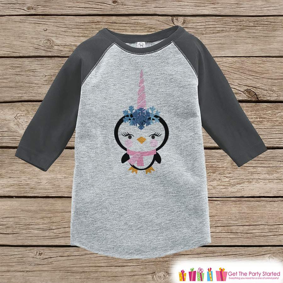 Girls Unicorn Shirt – Penguin Unicorn Shirt – Funny Winter Unicorn – Girls Onepiece or Tshirt – Kids, Toddler, Youth Grey Raglan