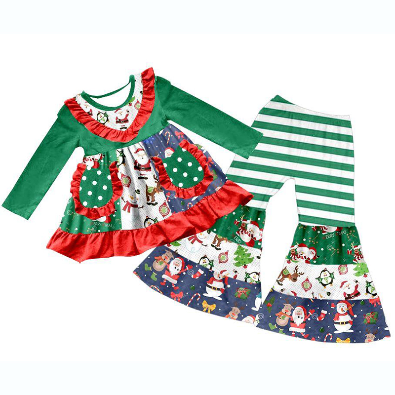 2-piece latest fall baby girl’s dress milk silk Christmas lotus leaf hem set long sleeve + printed bell bottoms baby suit alx