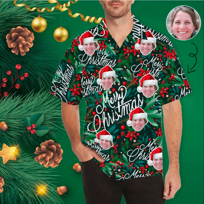 Order Funny Custom Face Merry Christmas Santa Claus Green Unisex Hawaii Shirts Dh Ha76720