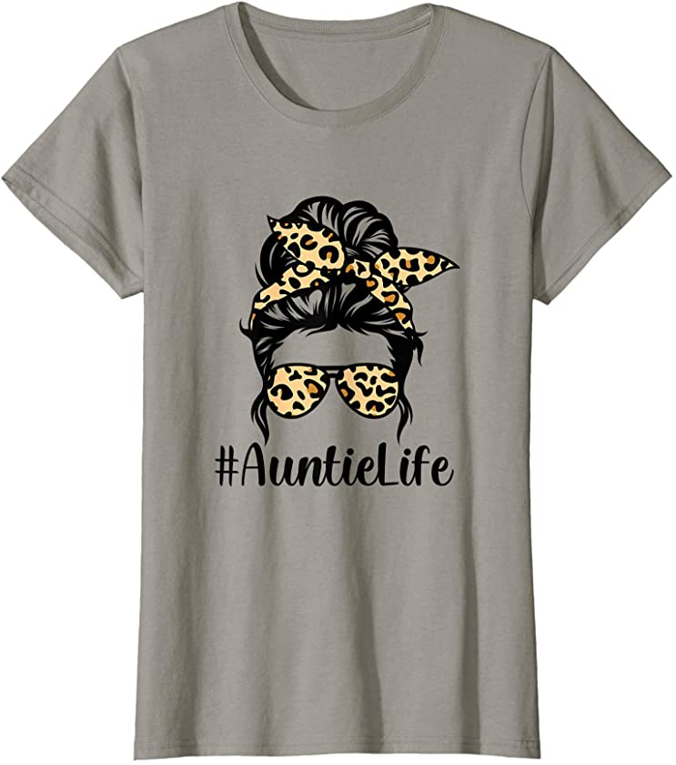 Womens Auntie Life Bandana Leopard Cool Messy Bun Mothers Day 2021 T-Shirt