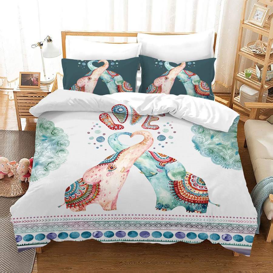 3D Watercolor Bohemia Floral Elephant Quilt Cover Set Bedding Set Duvet Cover Pillowcases JN 1084