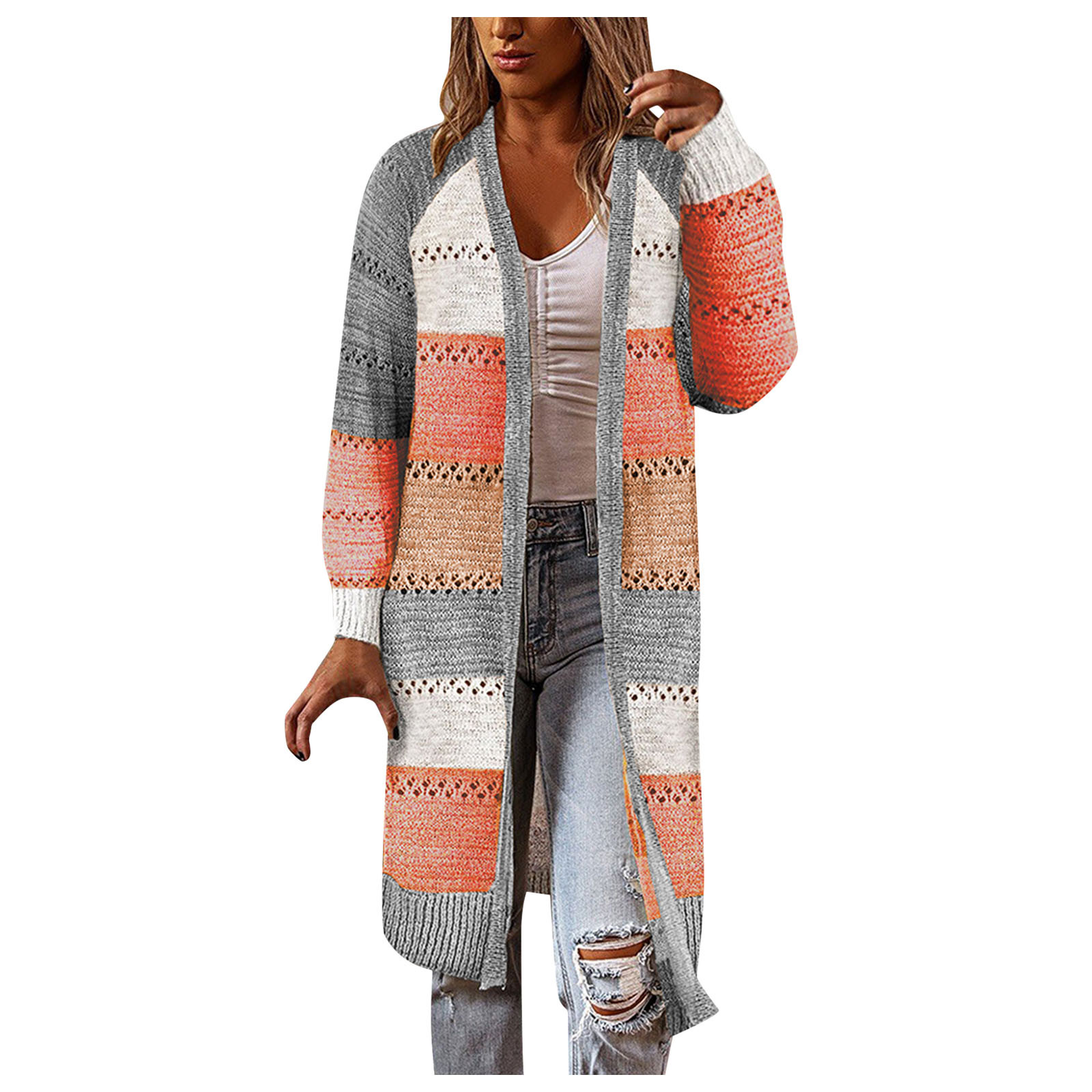 Women Cardigan Comfy Stylish Stitching Long Sleeve Striped Patchwork Sweater Female Casual Long Cardigan Autumn Winter Tops alx