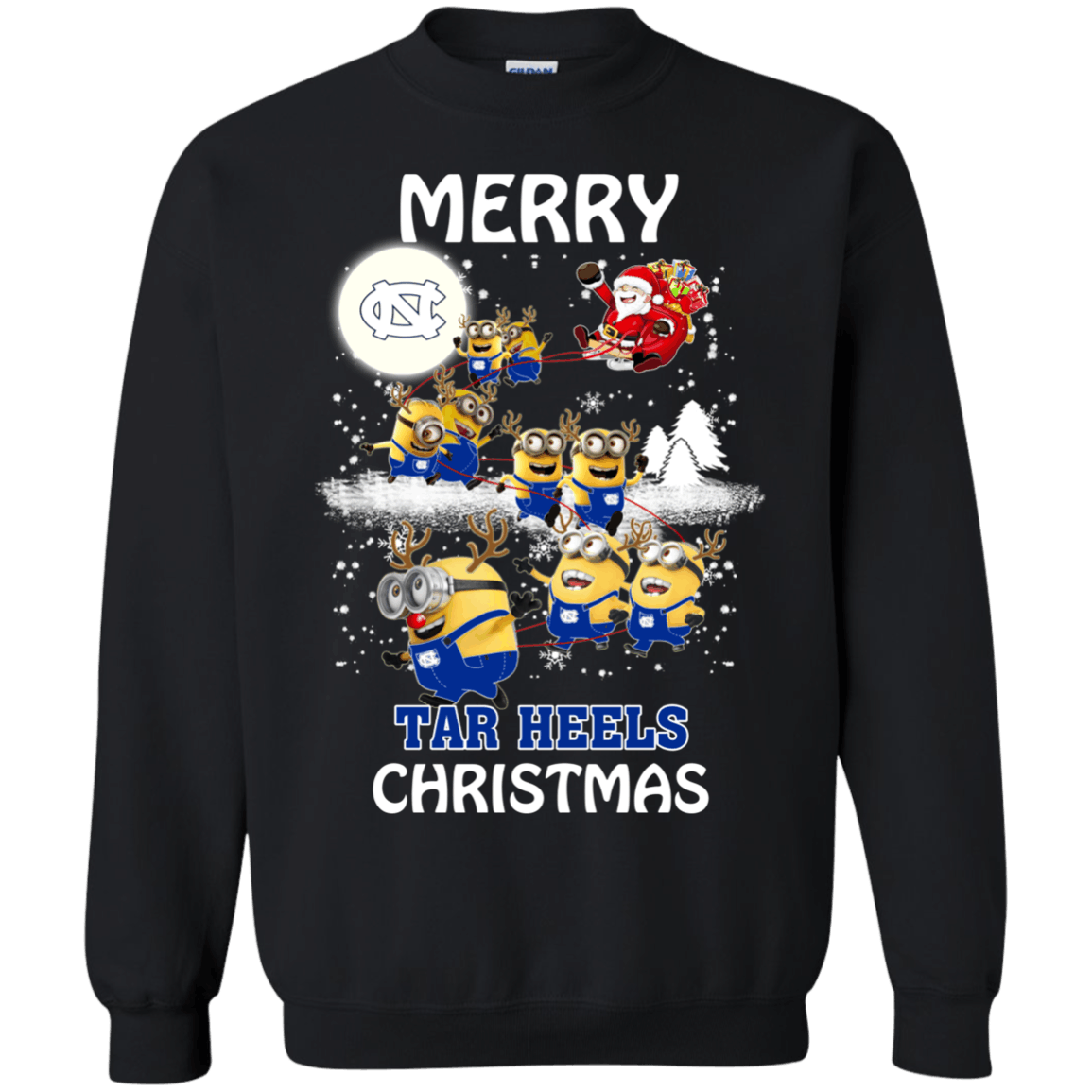 Perfect North Carolina Tar Heels Minion Ugly Christmas Sweaters Santa Claus With Sleigh Hoodies Sweatshirts