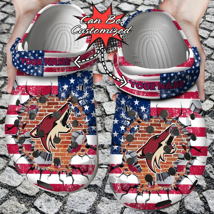 Hockey Crocss – Personalized A.Coyotes American Flag Breaking Wall Clog Shoes