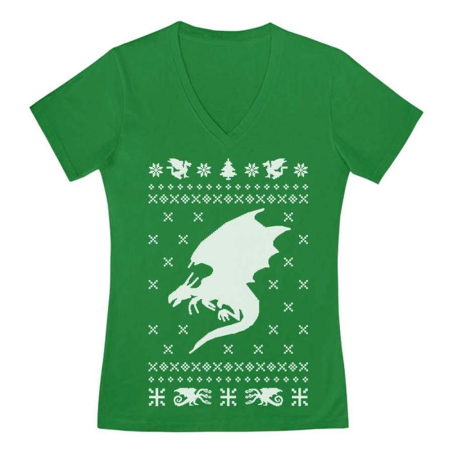 Big White Dragon Ugly Christmas Sweater Xmas Apparel V-Neck Fitted Women T-Shirt