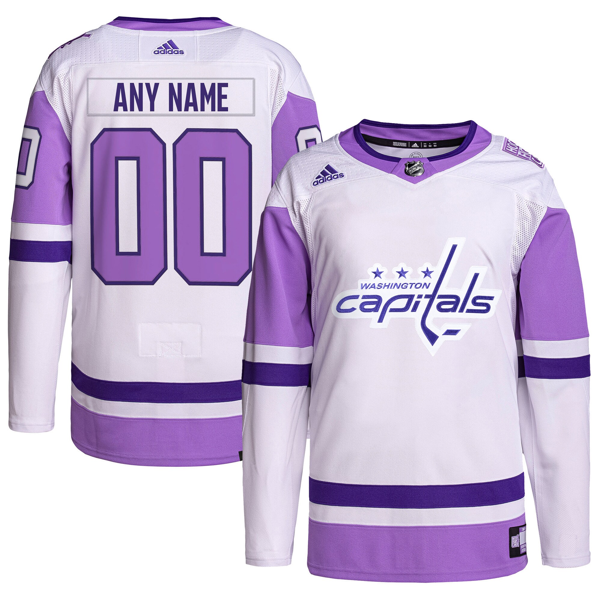 Washington Capitals adidas Hockey Fights Cancer Primegreen Authentic Custom Jersey – White/Purple