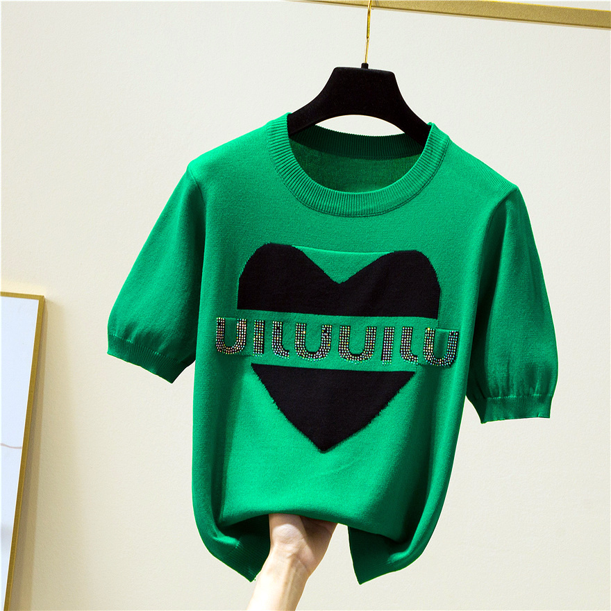 2022 Summer Korean Hot Diamond Letters Thin Ice Silk Knitted T Shirt Women Short Sleeve Knitwear Tops Woman T-Shirt Tee Femme alx