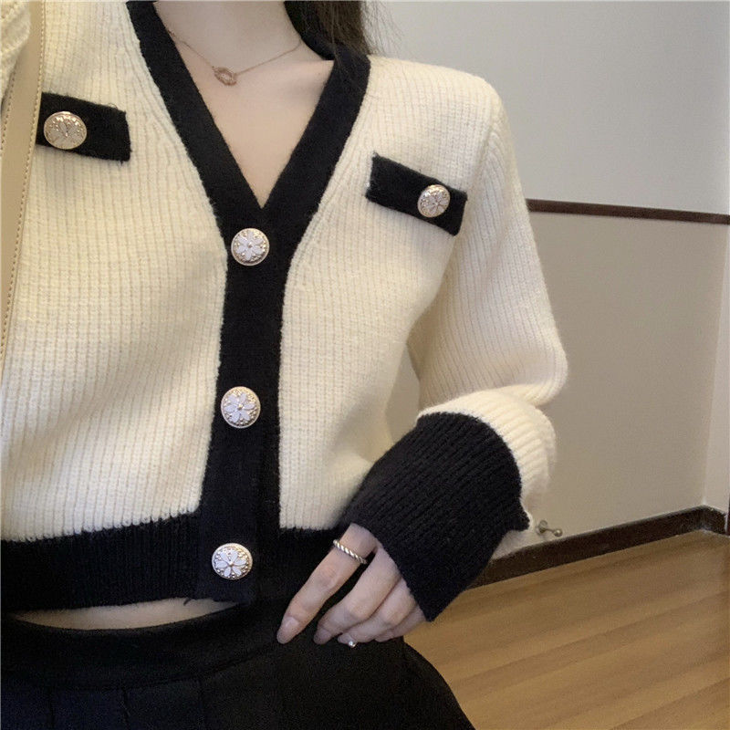 Cropped Cardigan Women Patchwork Knitting Spring Vintage Design Temperament French Leisure Simple Cozy Popular Feminine Trendy alx