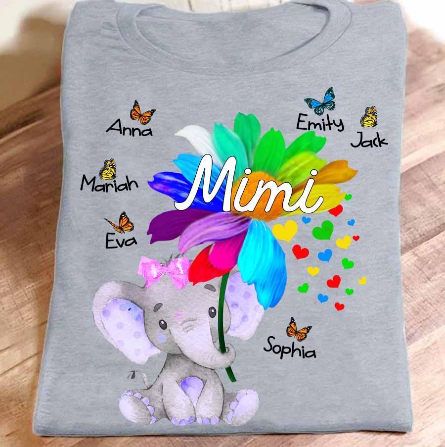 Apayprint – Elephant Daisy Flower – Mimi | Personalized T-Shirt, S – 5XL, White Grey Pink Blue Black