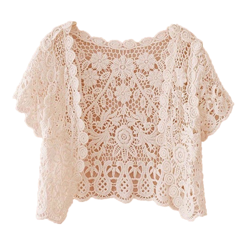 Women Short Sleeve Crochet Shrugs Hollow Out Flower Lace Open Front Cropped Cardigan Sunscreen Scalloped Bolero Jacket alx