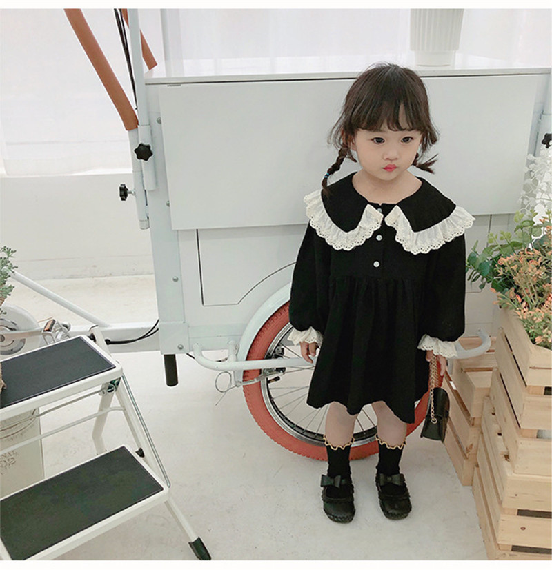 Spring Autumn 2020 cute baby girls lace turn-down collar princess dresses pure cotton soft 2 colors casual dress for kids alx