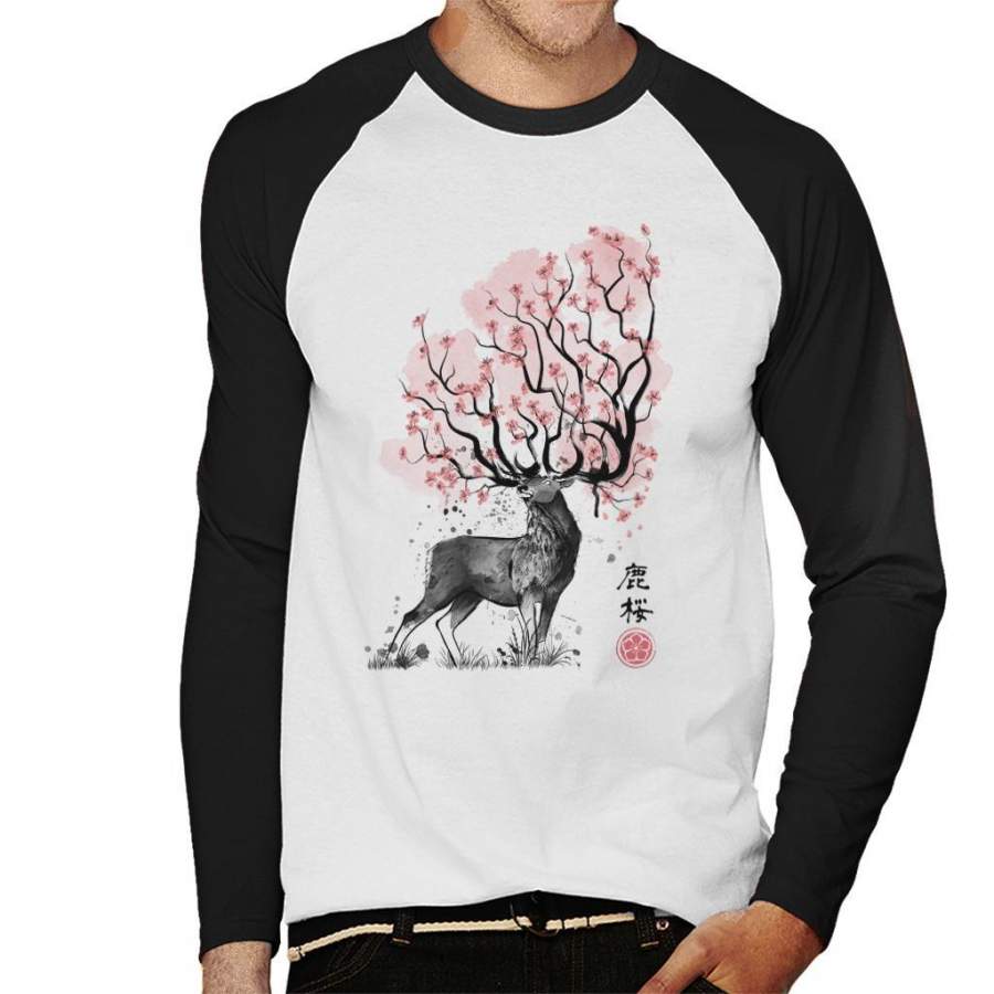 Sakura Deer Cherry Blossom Men’s Baseball Long Sleeved T-Shirt