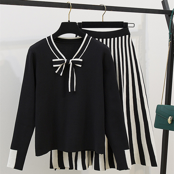 VERHELLEN Fashion Women Bow Knitted Jumper Tops Sweaters + Striped Pleated Mid Skirts 2 Piece Set Women 2019 Autumn Female alx