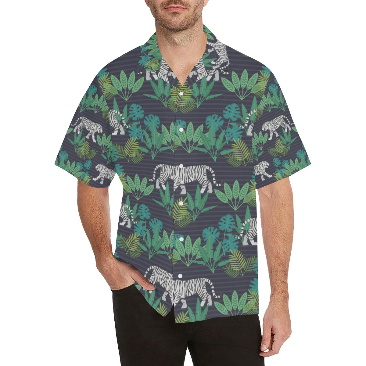 white bengal tigers tropical plant Men’s All Over Print Hawaiian Shirt