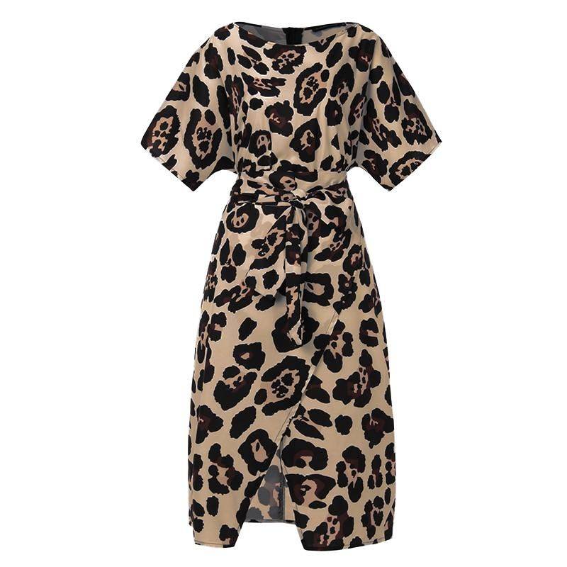 Stylish Leopard Print Split Short Sleeve Belted Shirt Dress