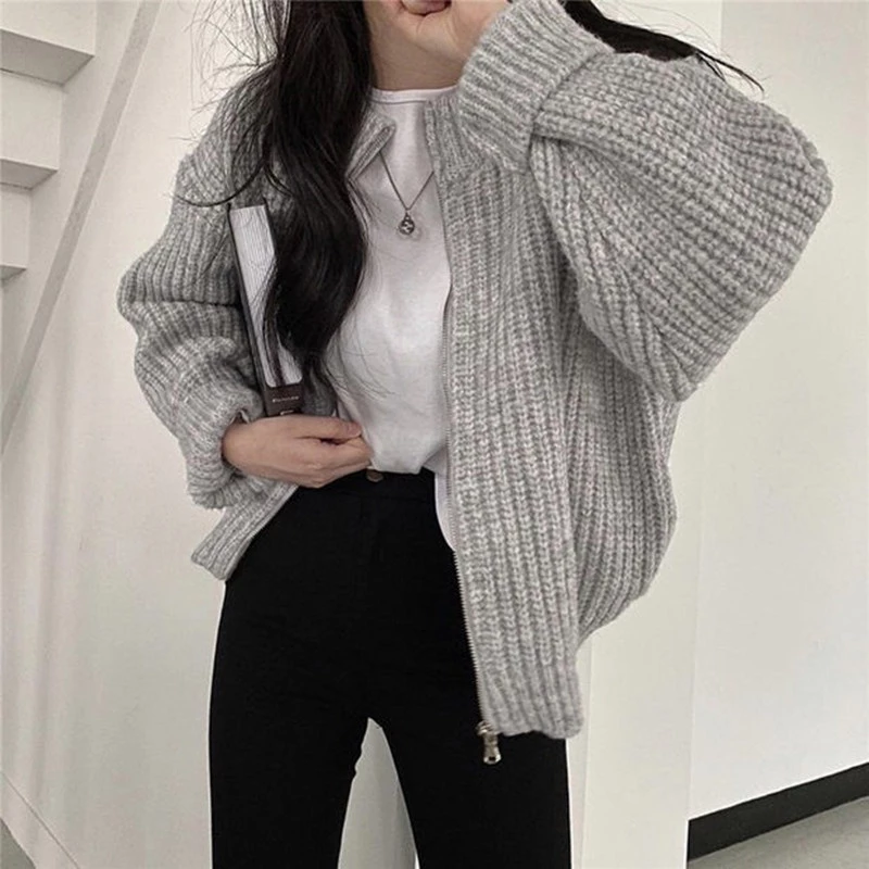 Streetwear Women Fashion Harajuku Zipper Cardigan Sweater Vintage Loose Solid Y2k Top Autumn Winter Casual Korean Clothes alx