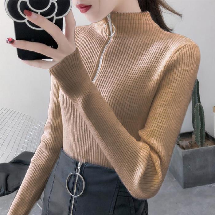 Winter Knitting Sweater Pullovers Women 2022 Zipper Solid Color Slim Top Autumn Winter Turtleneck Warm Jumper Sweater alx