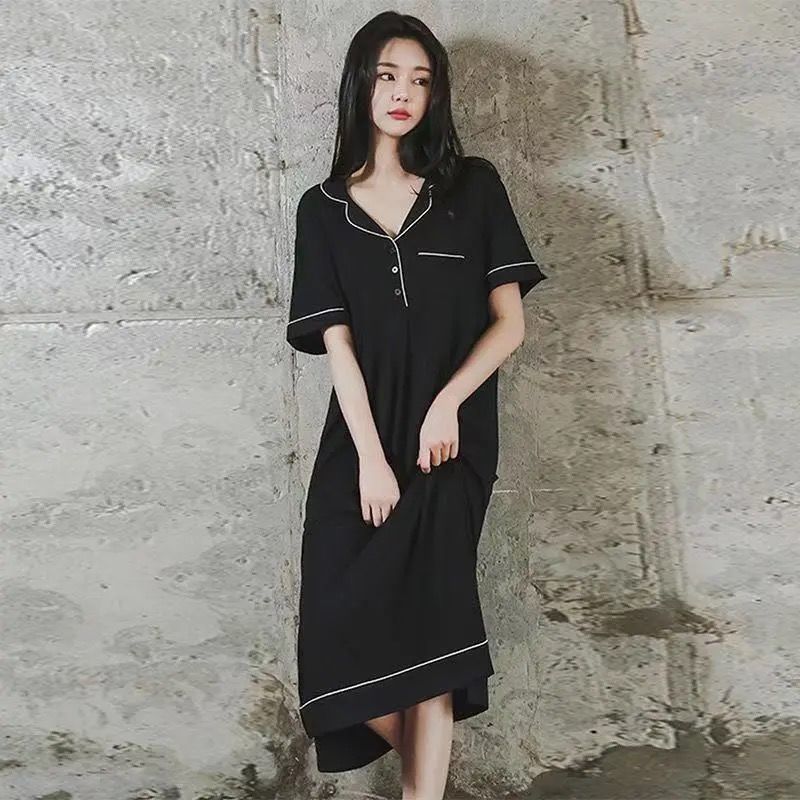 Black Nightgowns Women Panelled Simple Casual Cozy Classic Turn-down Collar Summer Loose Popular Lounge Wear Korean Style Female alx