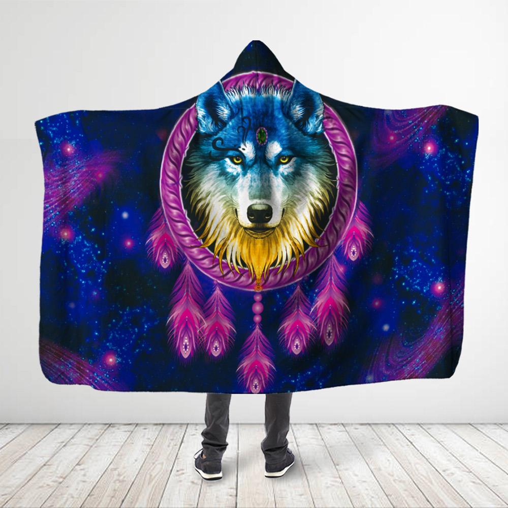 Native American –  Gold Blue Wolf Dreamcatcher – Galaxy Purple Hooded Blanket