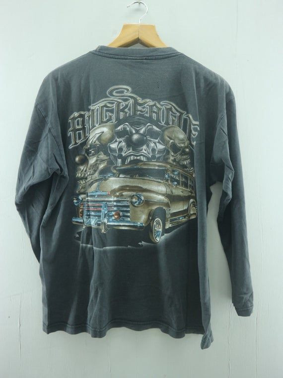 Vintage Hot Rod Cars Big Print Logo Shirtmetal Rock Skeleton Top Shirt