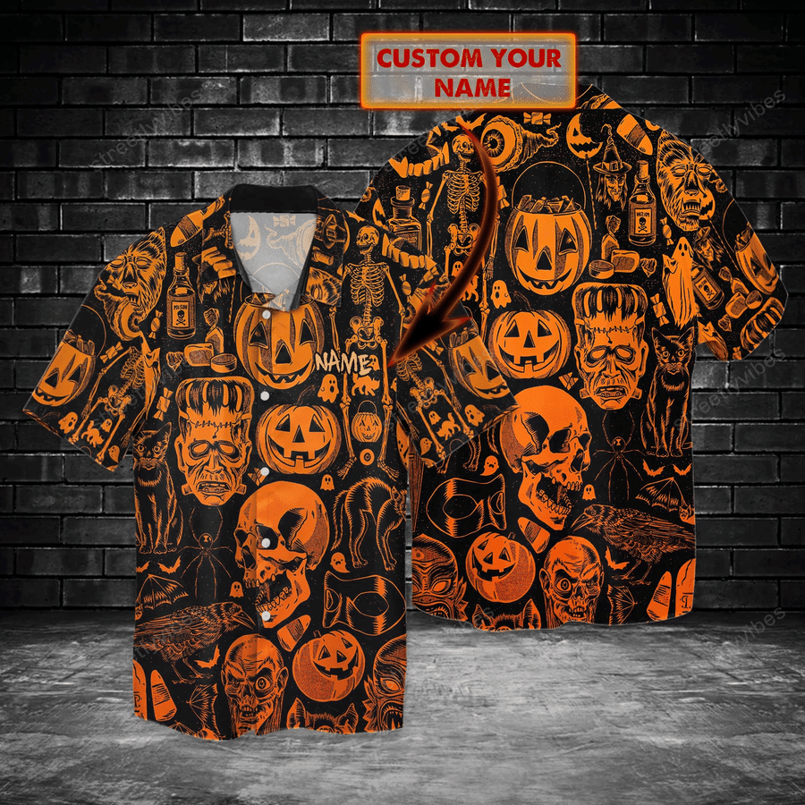 Personalized Halloween Gift Skull Pumpkin Print Polyester Hawaiian Shirt Ha39671