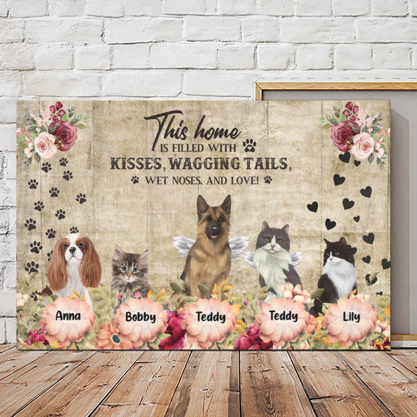 Custom Canvas Prints For Friends/Pet Lovers – Amazing Gift Personalized With Dogs/Cats Breed & Names – Front Pets With Flowers – (Up To 5 Pets/Dogs/Cats) – Furlidays