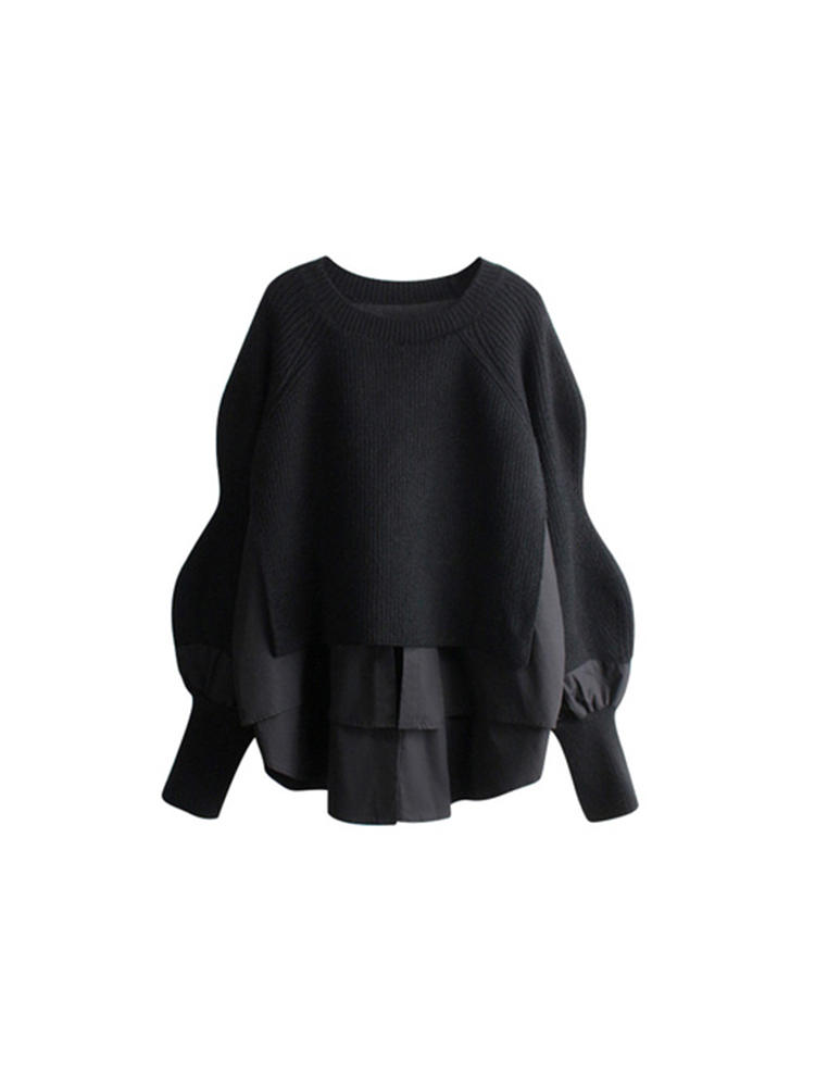 Autumn Winter Women Crew-neck Blouses Patchwork Irregular Clipping Knitwear Long Sleeve Pleated Design Knitted Pullover Sweater alx