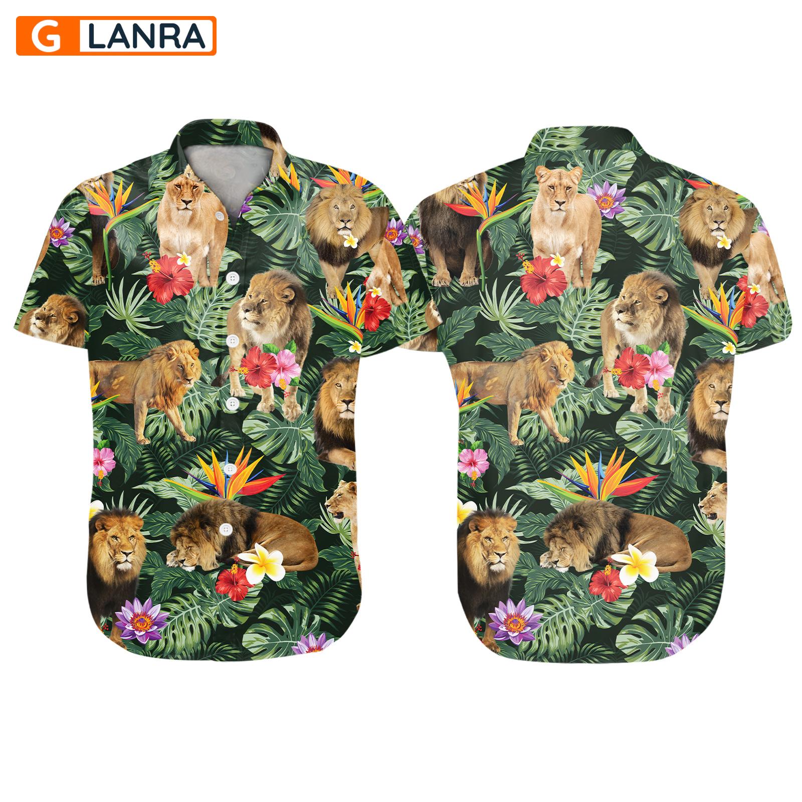 Lion Tropical Leaves Flower Button Shirt, Lion Button Shirt, Summer Lion Hawaiian Shirt, Lion Leaf Hawaiian Shirt, Summer Tropical Shirt