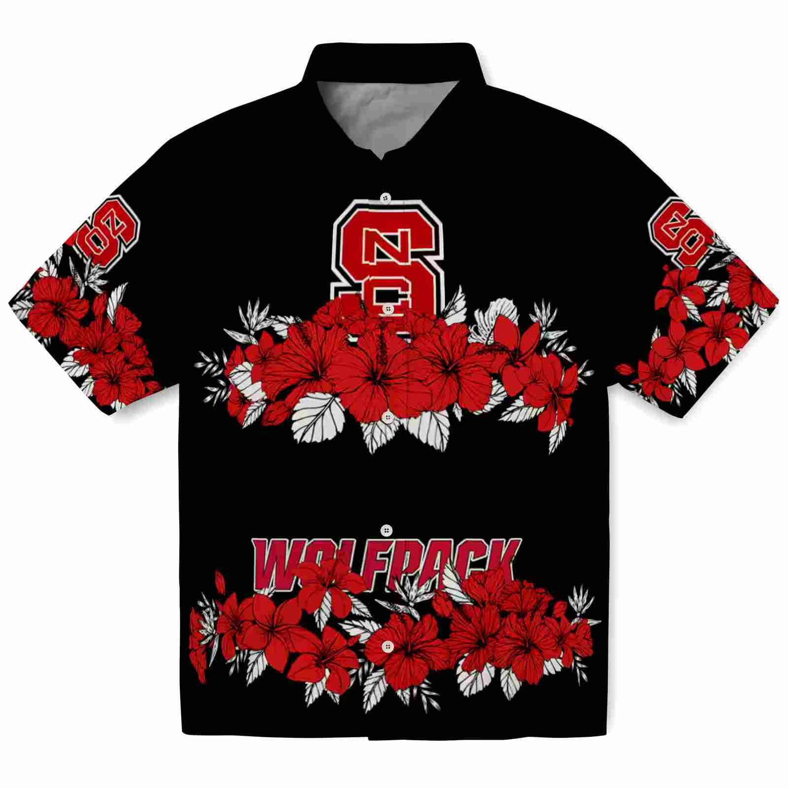 Nc State Wolfpack Hibiscus Stripe Red Black Hawaiian Shirt