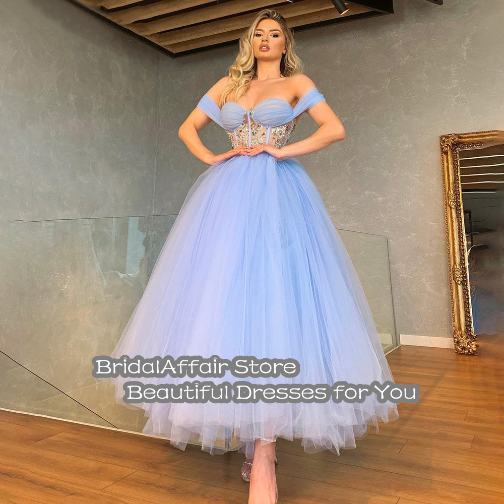 BridalAffair Blue Ankle Length Evening Dresses Vintage Crystal Beaded Prom Dress Off The Shoulder Sweetheart Backless Party Gown alx