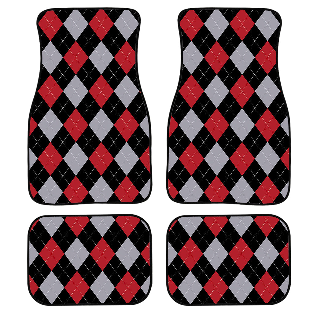 Black Red And Grey Argyle Pattern Print Front And Back Car Floor Mats, Front Car Mat