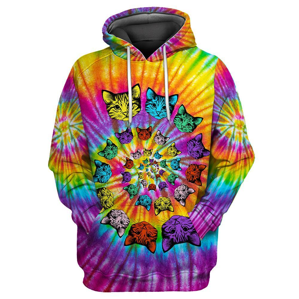 Tie Dye Hippie Cat Hoodie 3D All Over Print Cat Hippie Hoodie For Women, Hippie Gift To Her