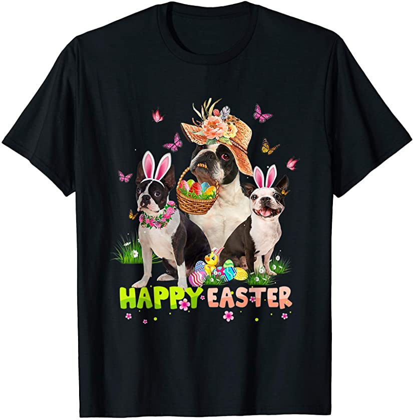 Boston Terier Dog Happy Easter Bunny Eggs Easter T-Shirt