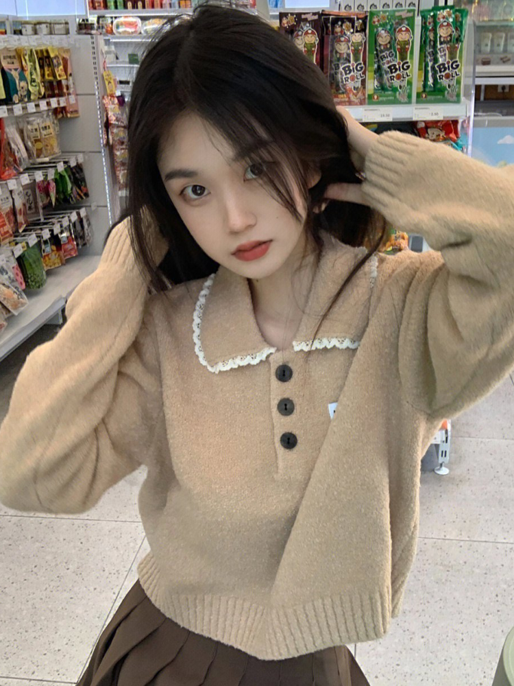 Sweet Knitted Pullovers Women Crop Solid Simple Preppy Girls Designed Gentle Soft Turn-down Collar All-match Female Sweaters Ins alx