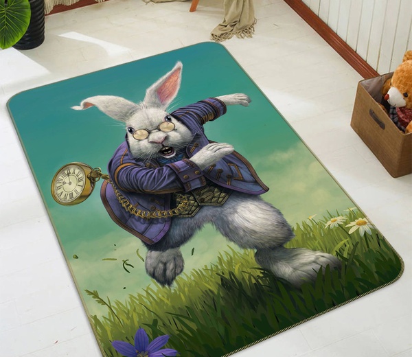 3D Pocket Watch Rabbit And Flower Area Rug Home Decor