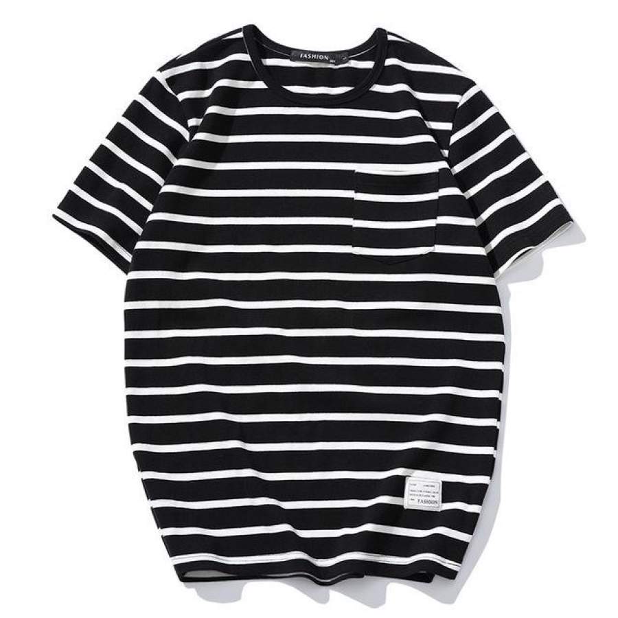 Classic Striped Men’s short Sleeve Black White grey Casual O-Neck T Shirt summer Men Cotton Clothing