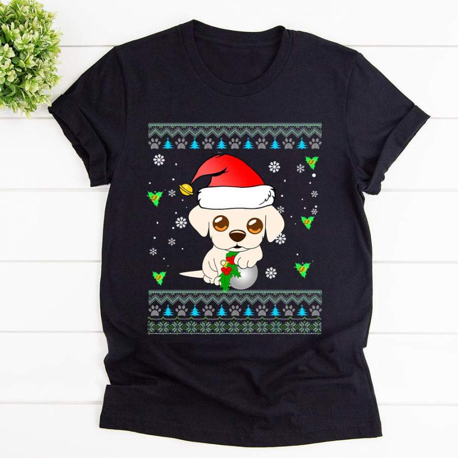 Labrador puppy christmas dog cute dog wearing santa hat snow black cotton t shirt for men and women S-6XL