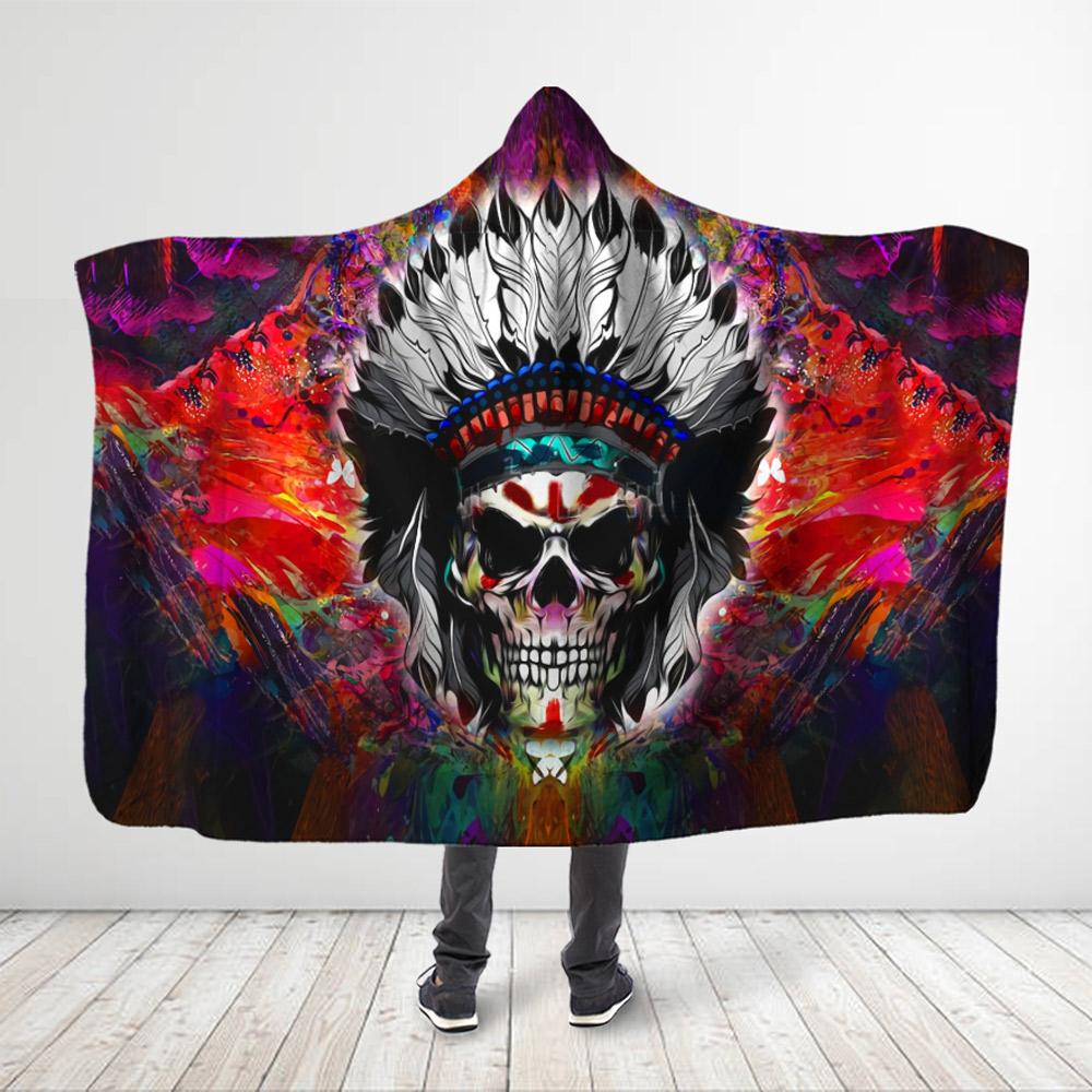 Native American Style 3D All Over Printed Aboriginal Skull – Hooded Blanket