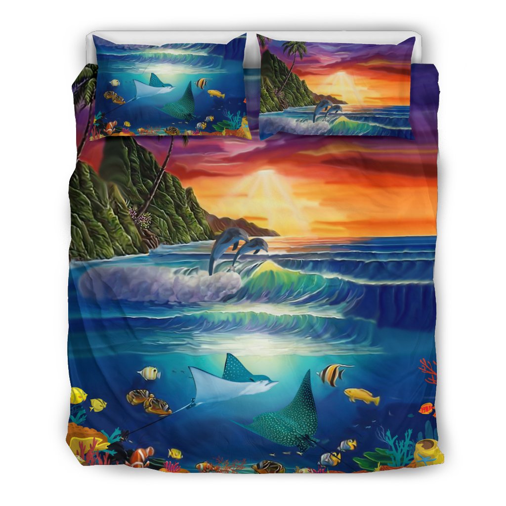 Hawaii Tropical Bedding Set, Whale Manta Ray Duvet Cover And Pillow Case