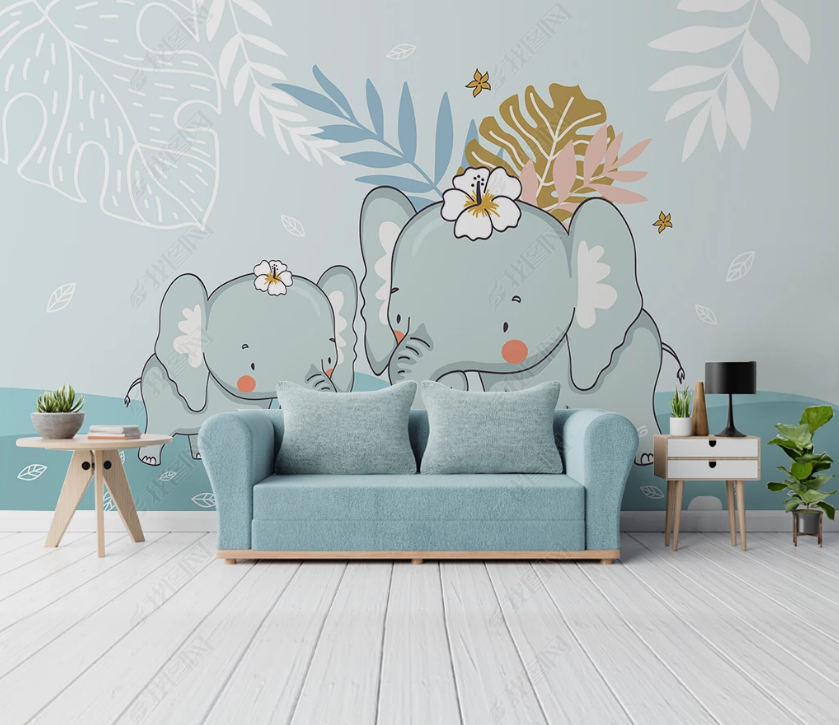 3D Cartoon Animal Elephant Leaf Wall Mural Wallpaper Lqh 67