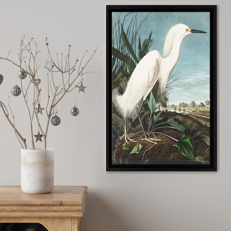 Snowy Heron Framed Canvas Print – Canvas Painting, Canvas Art, Wall Art, Wall Decor
