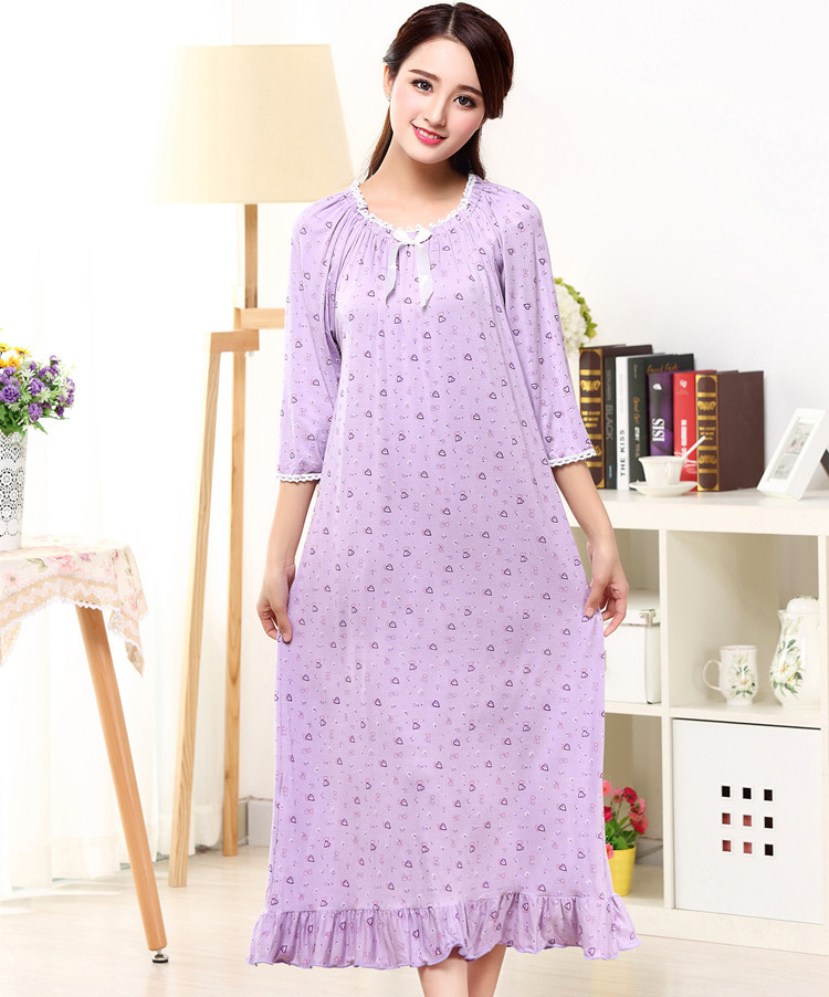 Spring Summer Autumn Lady Pure And Fresh Small Broken Flower Modale Knit Cotton Long Royal Princess Sleepwear Gown Home Dress alx