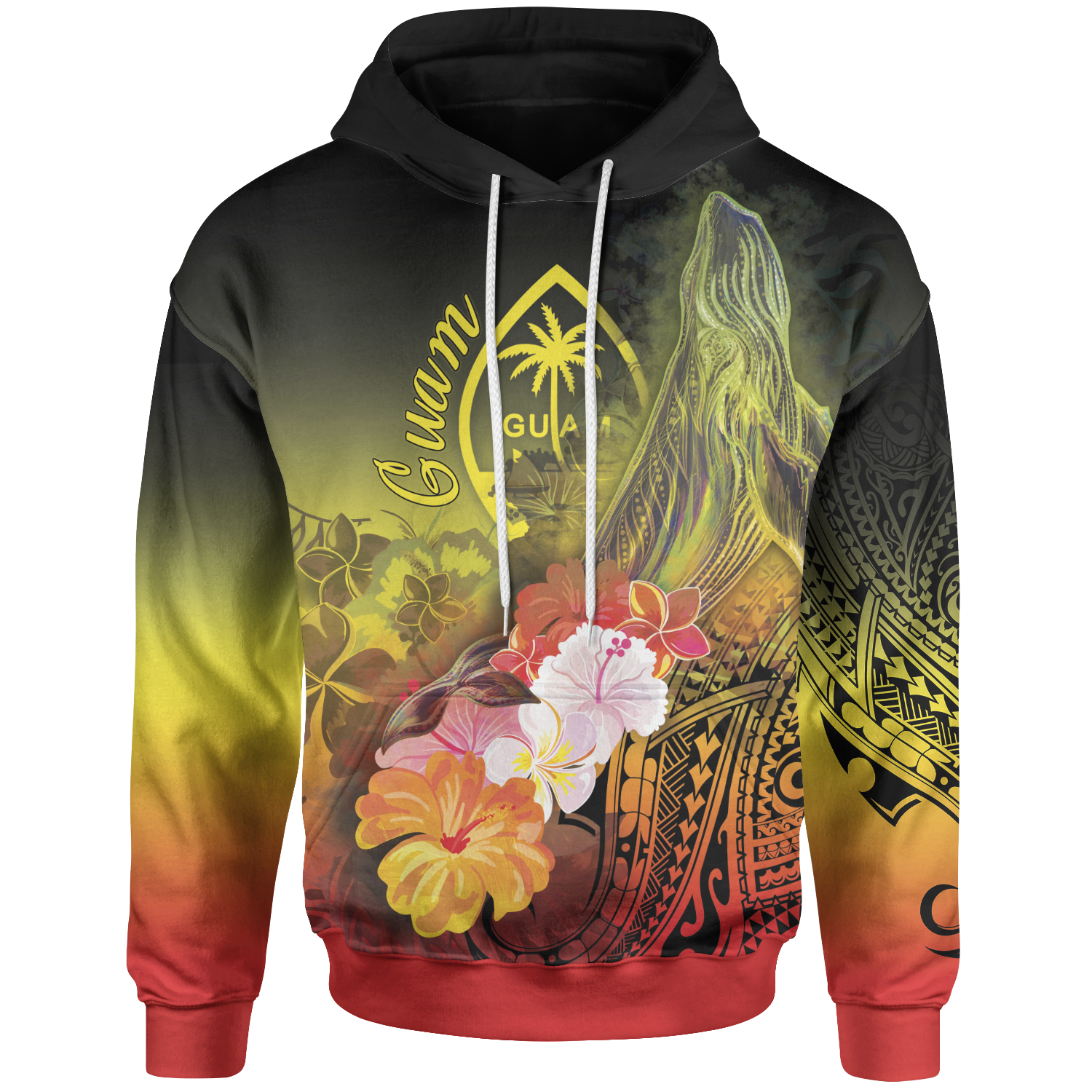 Guam Hoodie – Humpback Whale With Tropical Flowers (Yellow)