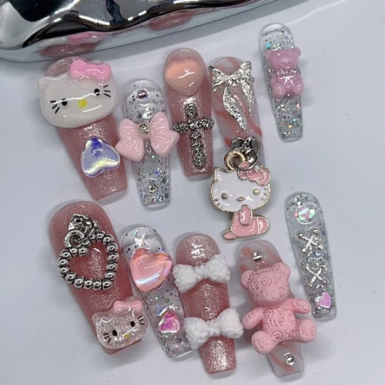 Glitter Cute Kittyy Cat Press On Nails / Handmade Y2K Fake Nails/Spring Nails/Y2K Nails Kawaii Nails / Cute Japanese Nails #315