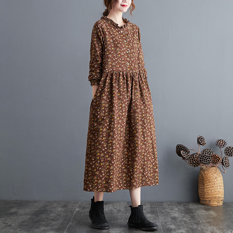 Uego Linen Cotton Spring Dress Long Sleeve Autumn Dress Print Floral Prairie Chic Blouse Dress Women Casual Midi Dress alx