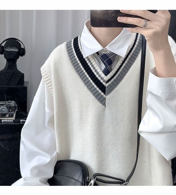 Autumn Winter Fashion Solid Casual Men’s Loose T-Shirt Cool Boy Knitted Sweater Vest DK Preppy Style All Match Soft Long Sleeve alx