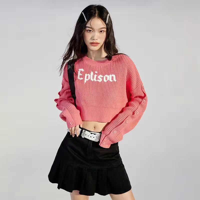 Autumn Winter Women’s Clothing Solid Sweater O-Collar Cropped Y2K Knitted Loose Retro Pullover Long Sleeves Knitwear Tops alx