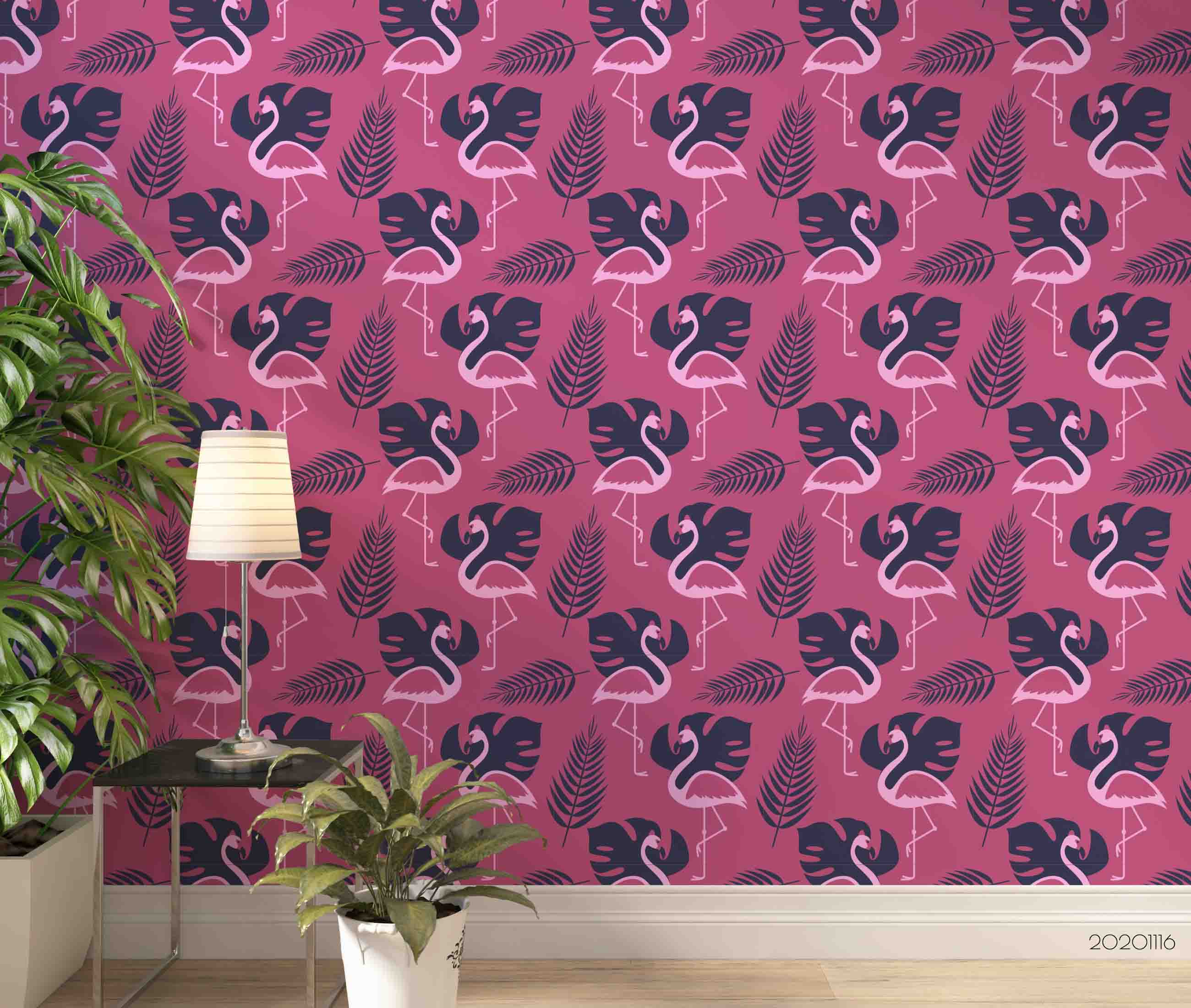 3D Hand Drawn Flamingo Animal Pattern Pink Wall Mural Wallpaper Lxl