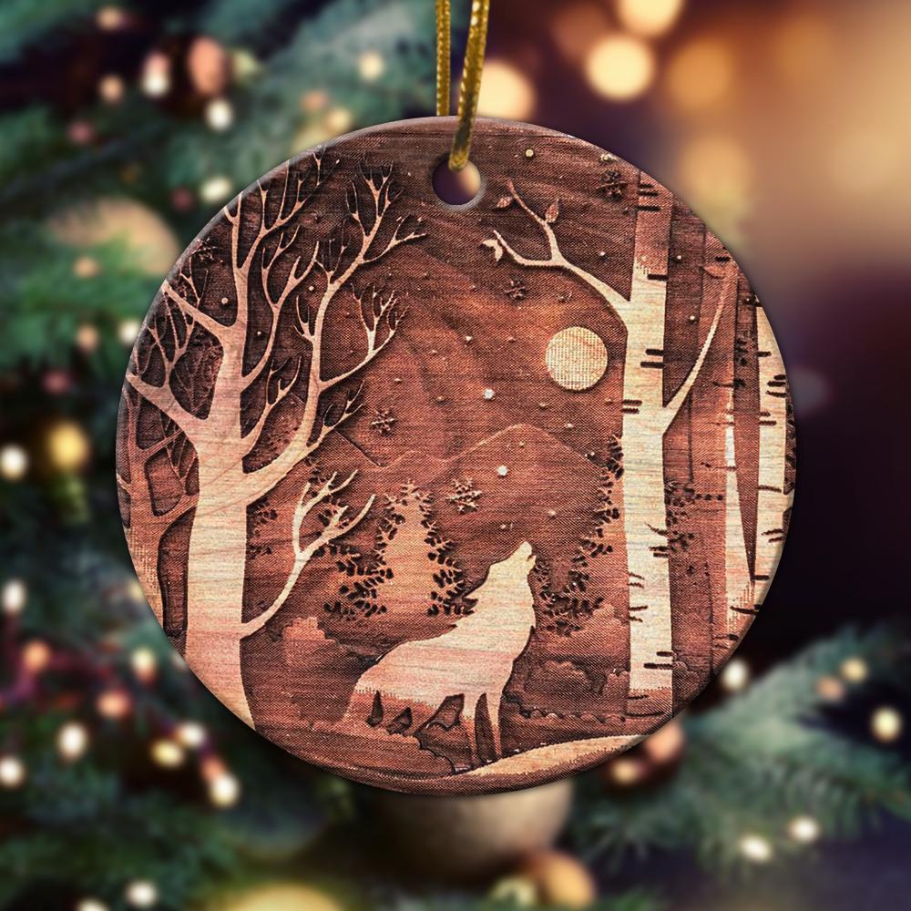 Winter Wolf Raw Cedar Ornament Christmas Ornament Christmas Gift Ideas Ceramic Circle Ornament